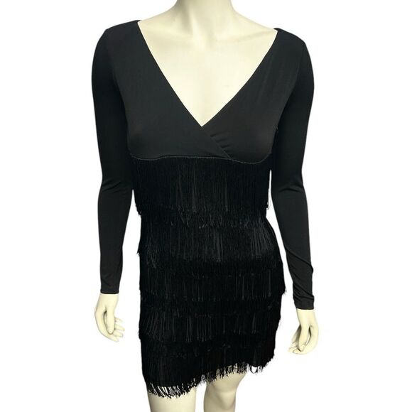 Muse for Boston Proper Black Long Sleeve Dress with Fringe Vneck Flapper Dress - Picture 3 of 10
